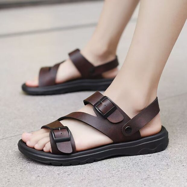 Durable PU leather anti-slip casual outdoor beach sandals for men
