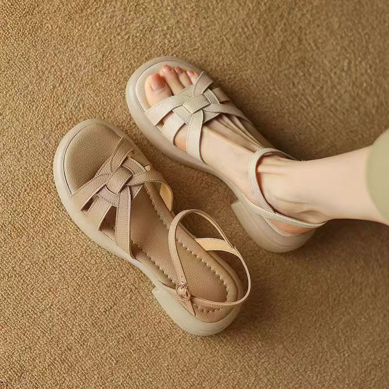 French retro leather platform strap women sandals for summer