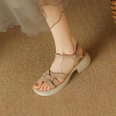 French retro leather platform strap women sandals for summer