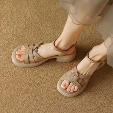 French retro leather platform strap women sandals for summer