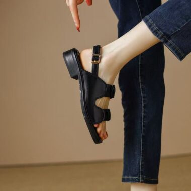 French vintage low-heel genuine leather women sandals