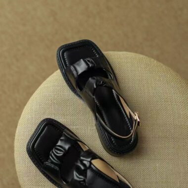 French vintage low-heel genuine leather women sandals