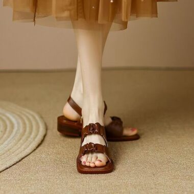 French vintage low-heel genuine leather women sandals