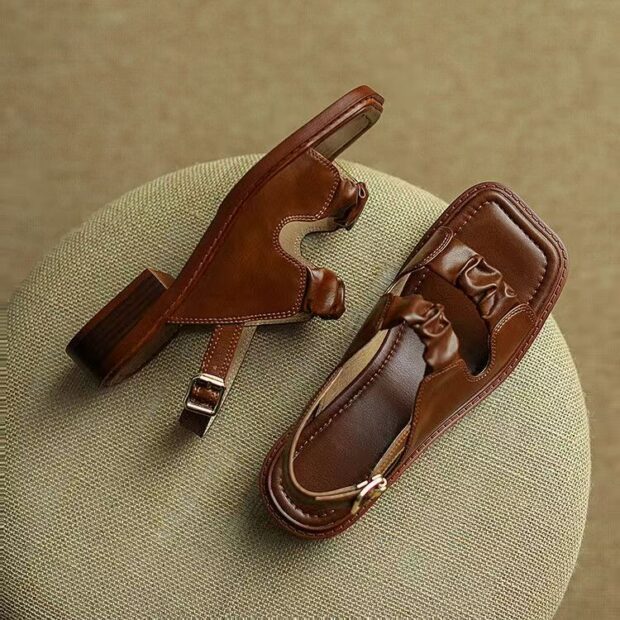 French vintage low-heel genuine leather women sandals