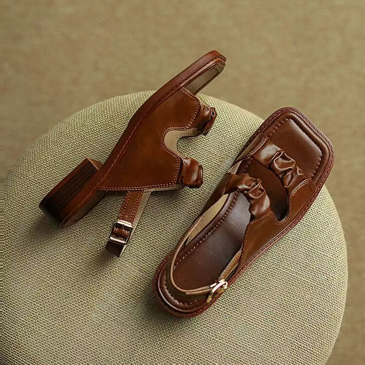 French vintage low-heel genuine leather women sandals