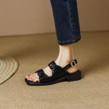 French vintage low-heel genuine leather women sandals