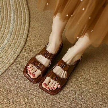 French vintage low-heel genuine leather women sandals