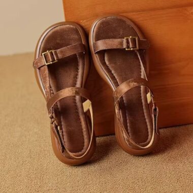 Soft leather French vintage low heel Roman women sandals