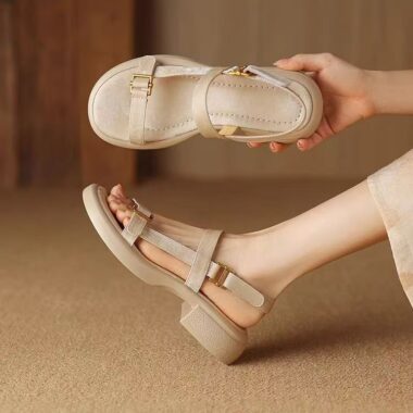Soft leather French vintage low heel Roman women sandals