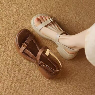 Soft leather French vintage low heel Roman women sandals