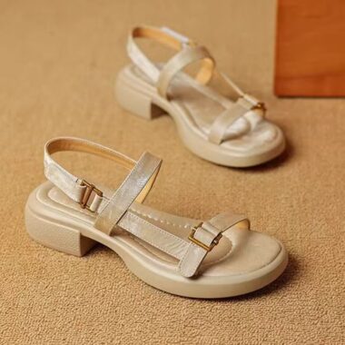 Soft leather French vintage low heel Roman women sandals