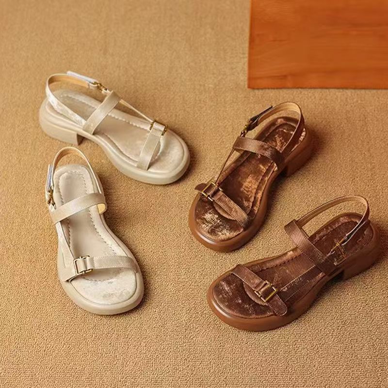 Soft leather French vintage low heel Roman women sandals