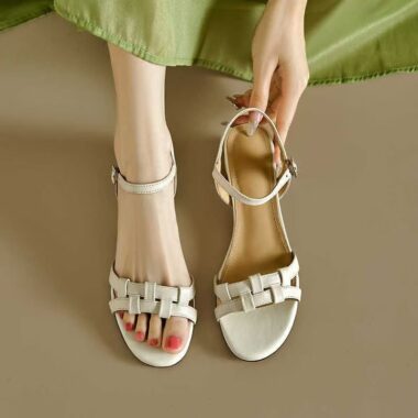 Vintage French soft leather low block heel strap women sandals