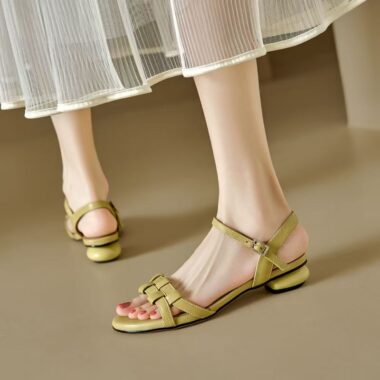 Vintage French soft leather low block heel strap women sandals