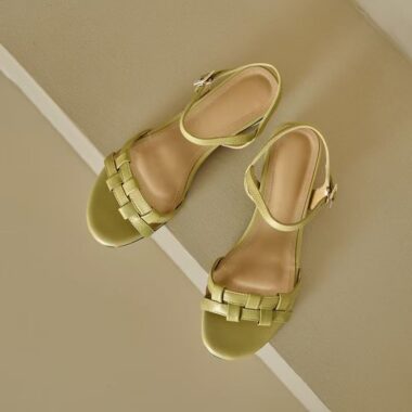 Vintage French soft leather low block heel strap women sandals