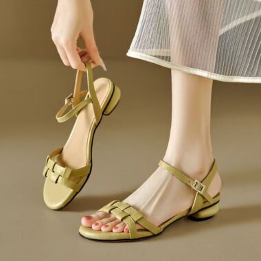 Vintage French soft leather low block heel strap women sandals