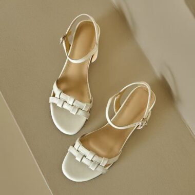 Vintage French soft leather low block heel strap women sandals