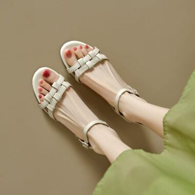 Vintage French soft leather low block heel strap women sandals