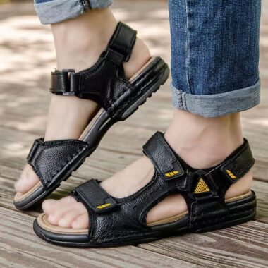 Durable leather velcro outdoor summer beach men sandals