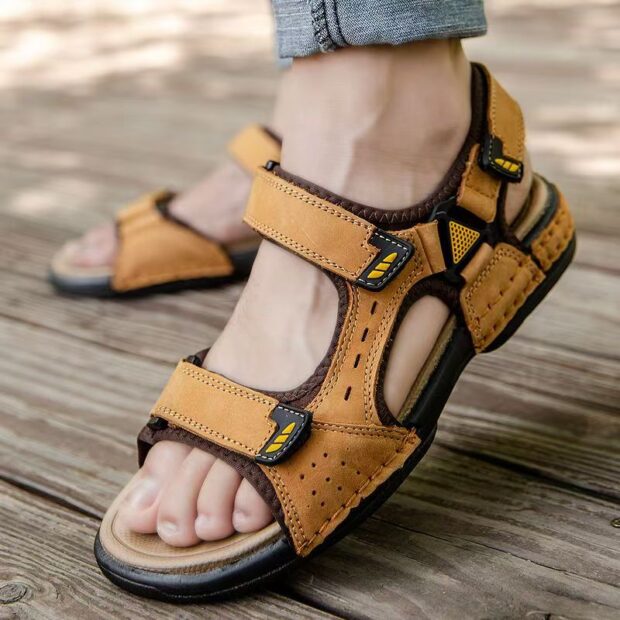 Durable leather velcro outdoor summer beach men sandals
