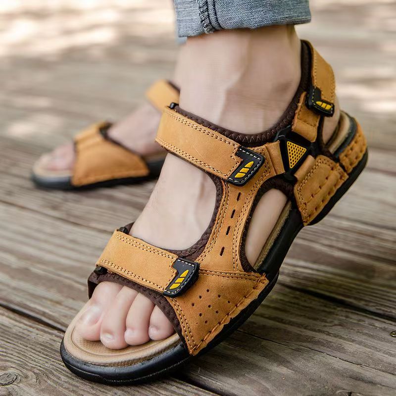 Durable leather velcro outdoor summer beach men sandals