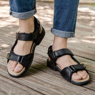 Durable leather velcro outdoor summer beach men sandals