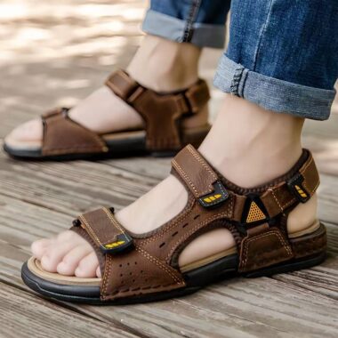 Durable leather velcro outdoor summer beach men sandals