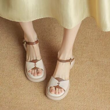 Retro color-block mid-heel platform Roman women sandals
