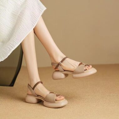 Retro color-block mid-heel platform Roman women sandals