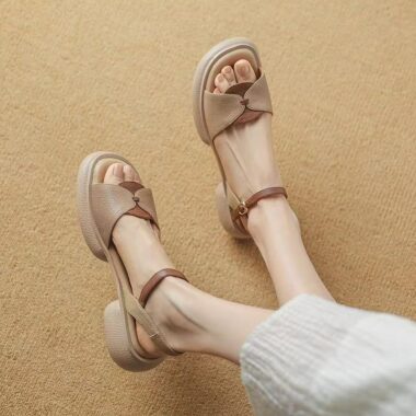 Retro color-block mid-heel platform Roman women sandals