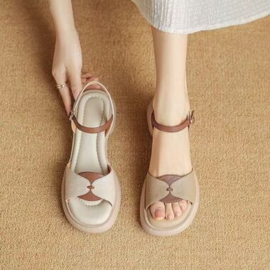 Retro color-block mid-heel platform Roman women sandals