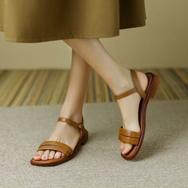 Vintage leather flat strap versatile casual women sandals