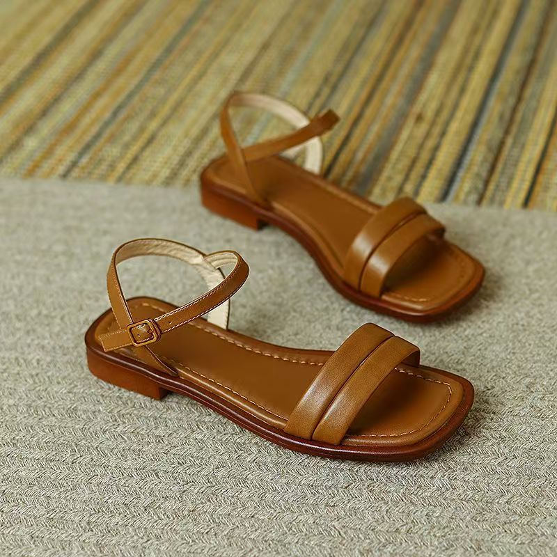 Vintage leather flat strap versatile casual women sandals